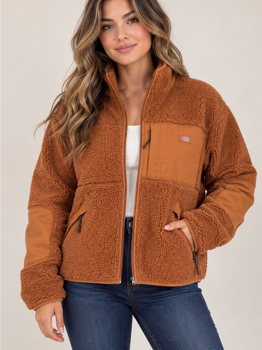 Dickies Women's Sherpa Teddy Jacket in Rust Brown